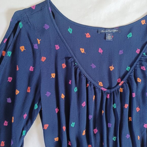 AEO American Eagle Dress Navy Blue Fit and Flare Shirt Mini Leaf Print Size S - Picture 3 of 12